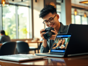 How Malaysian Businesses Are Scaling Their Instagram Presence in 2025 Malaysian entrepreneur taking photos of products for Instagram in a modern coffee shop, professional DSLR camera, laptop with Instagram open, stylish interior, soft natural lighting