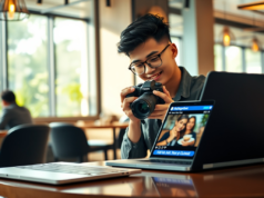 How Malaysian Businesses Are Scaling Their Instagram Presence in 2025 Malaysian entrepreneur taking photos of products for Instagram in a modern coffee shop, professional DSLR camera, laptop with Instagram open, stylish interior, soft natural lighting