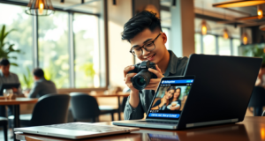 How Malaysian Businesses Are Scaling Their Instagram Presence in 2025 Malaysian entrepreneur taking photos of products for Instagram in a modern coffee shop, professional DSLR camera, laptop with Instagram open, stylish interior, soft natural lighting